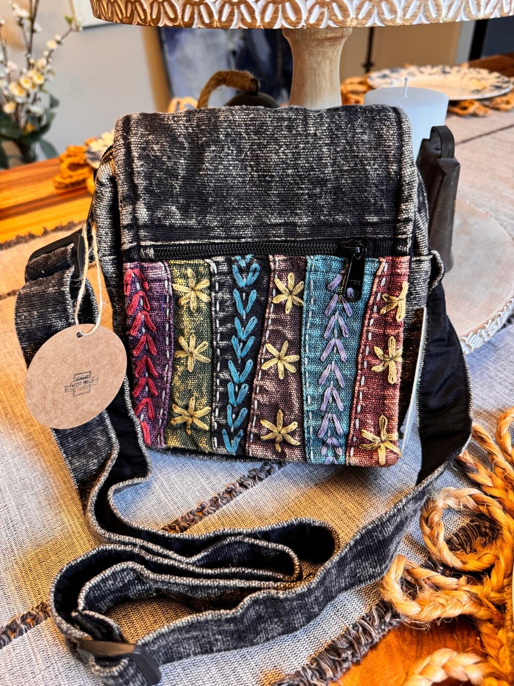 Canvas Purse Boho Flower Black Crossbody Bag 8 x 7 Cute Flower Purse